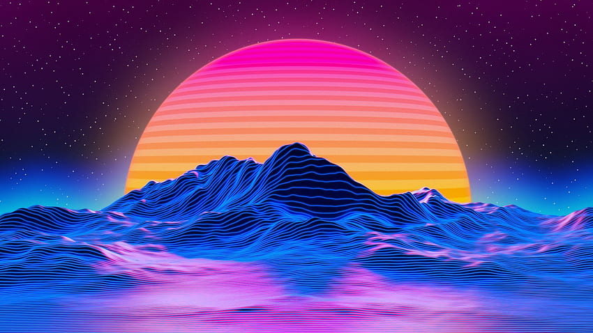 montagnes, paysage, art rétro, grand soleil, coucher de soleil, , , fond, 3f9733, Sunset Illustration Fond d'écran HD