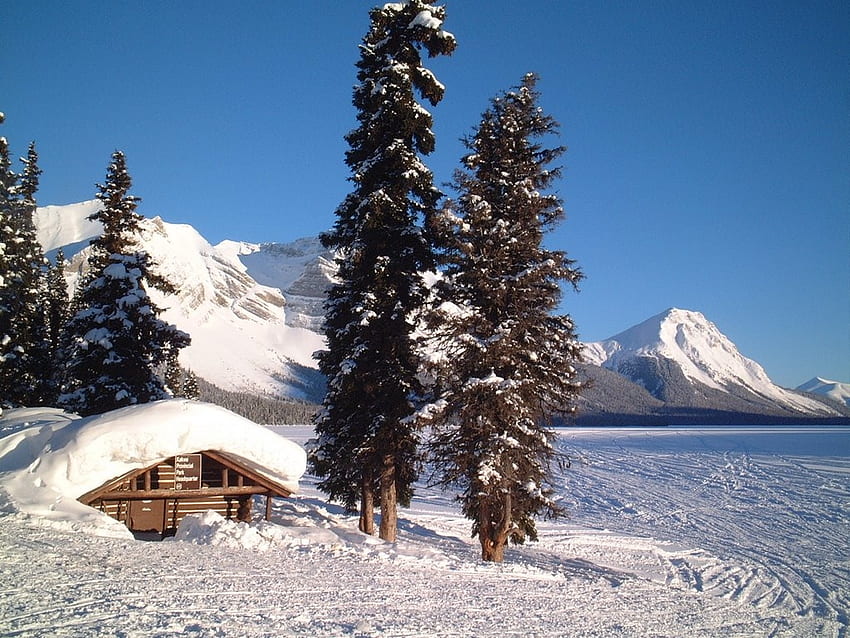 Kakwa Lake Cabin, Британска Колумбия, зима, сняг, дървета, небе, Канада, планини HD тапет