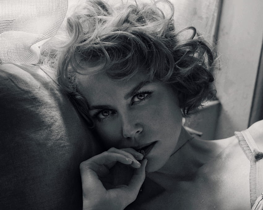 Nicole Kidman, white, black, face, bw, girl, actress, woman HD wallpaper