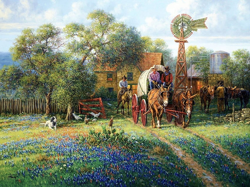 Springtime Morning, artwork, horses, painting, house, mules, farm, flowers, cart HD wallpaper