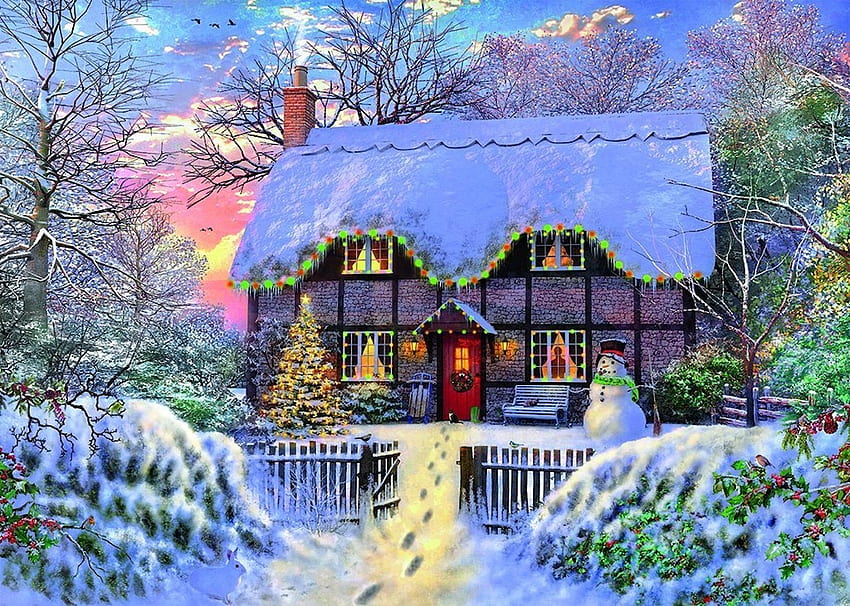 A Winters Tale, winter, snowman, Christmas, lights, snow, cottage HD wallpaper