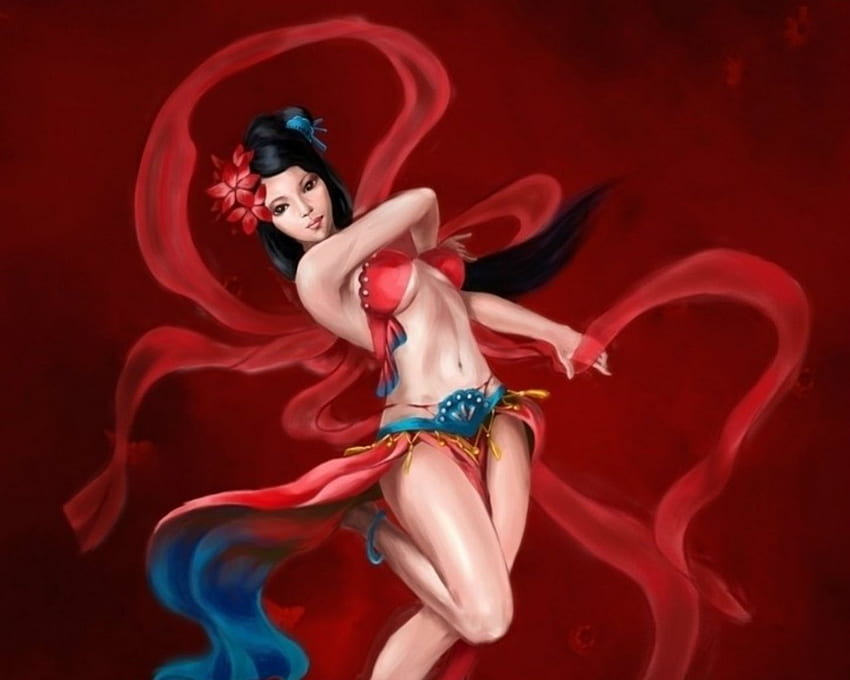Beautiful dancer, dance, fantasy, woman, red HD wallpaper