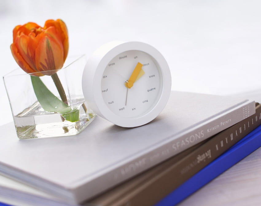 On the bedside table, books, tulip, bedside table, vase, clock HD wallpaper