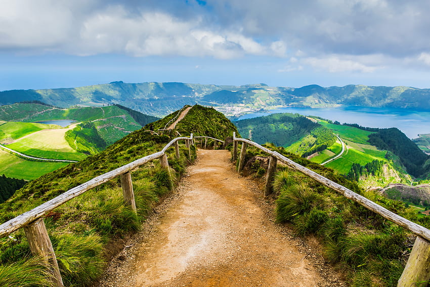 Walking path, path, landscape, beautiful, walk, mountain, lake, Portugal, view, Azores, sky HD wallpaper