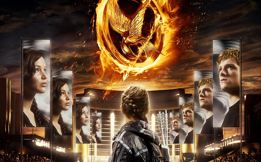 The Hunger Games (2012), Josh Hutcherson, d'oro, jennifer lawrence, nero, biondo, katniss everdeen, uomo, ragazza, attrice, donna, ragazzo, giallo, film, attore, peeta, fuoco Sfondo HD