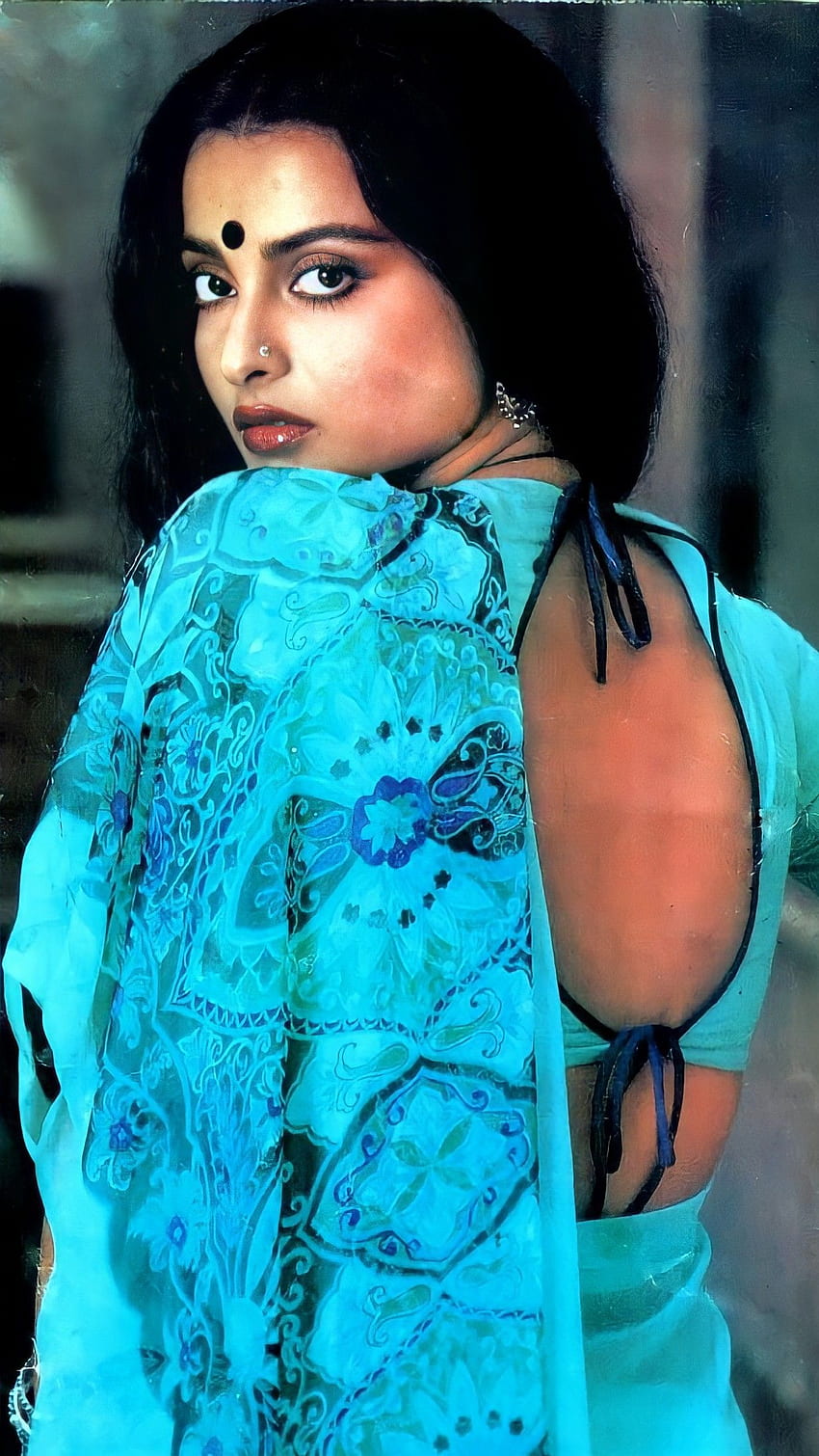 Rekha, 볼리우드 여배우, 파란색 사리, 빈티지 HD 전화 배경 화면