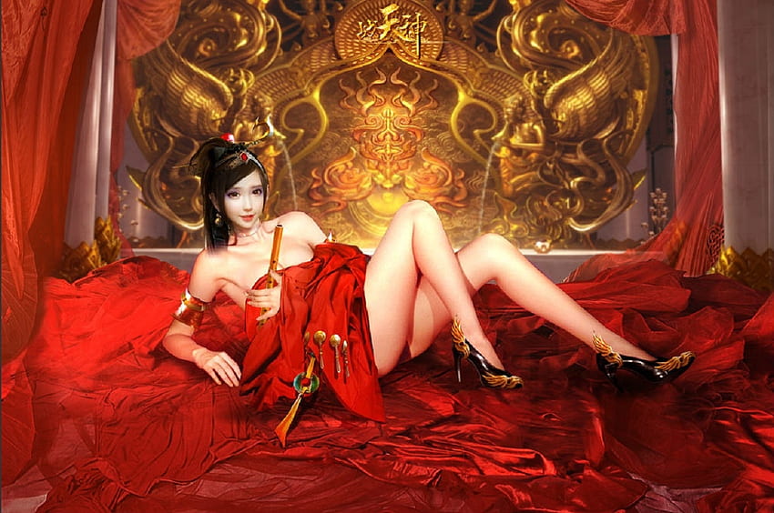 Oriental Boudoir, arte, niña, mujer, digital, fantasía, bonita, rojo, tocador fondo de pantalla