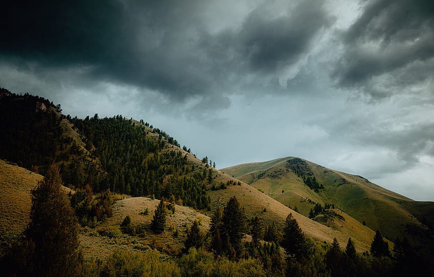 bumi, langit, pohon, alam, tanah, musim gugur, gunung, awan, lanskap, lereng, bukit, efek buram, suram, awan badai, latar belakang ultra untuk , bagian пейзажи Wallpaper HD