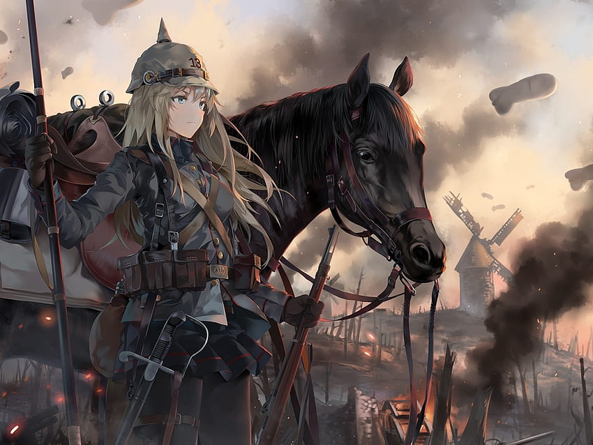 Chica anime, guerra, caballo, uniforme militar, lanza, rubia, molino de viento para Ainol Novo 9 Spark, 2048X1536 War fondo de pantalla