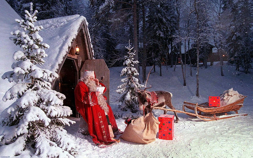 проверявам го два пъти, зима, бяло, подаръци, елени, сняг, коледа, Дядо Коледа, дърво HD тапет
