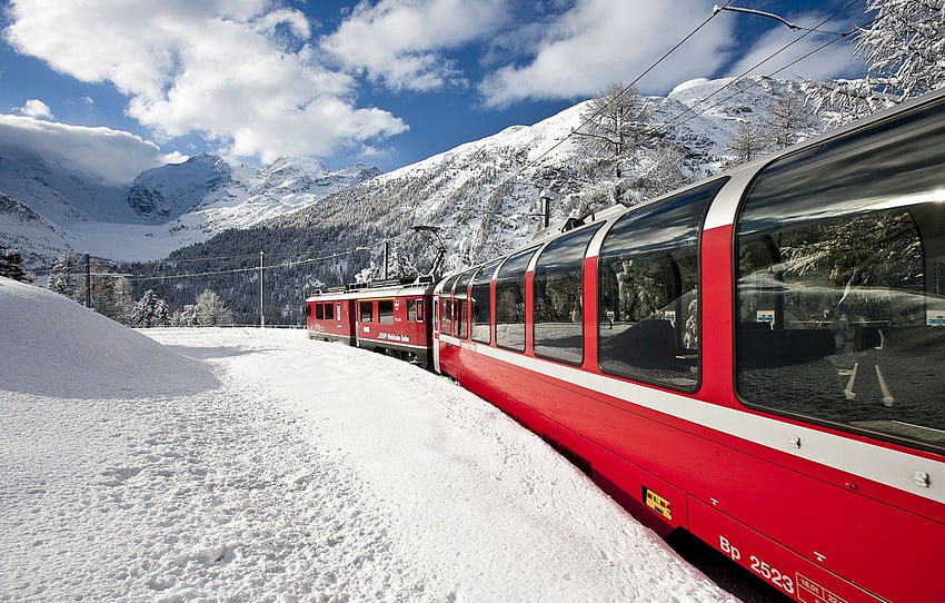 Winter, Berge, Zug, Schweiz, Alpen, elektrisch, Schönheit. für , Abschnitt пейзажи, Glacier Express HD-Hintergrundbild