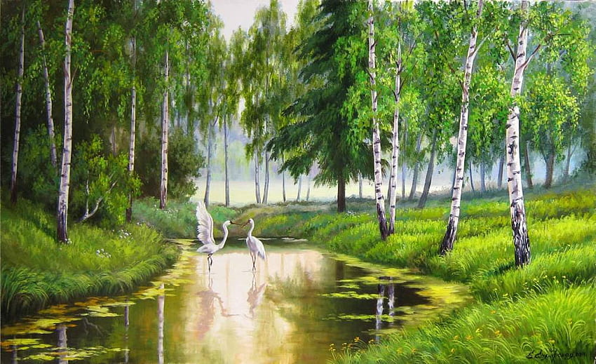 Elena Samárskaya. : El mundo para dos. 2011 año., animal, río, elena samarskaya, pintura, pájaro, arte, naturaleza, árbol fondo de pantalla