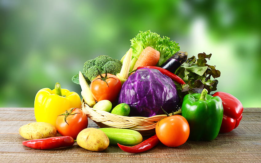 Fresh vegetables in a basket on a table HD wallpaper