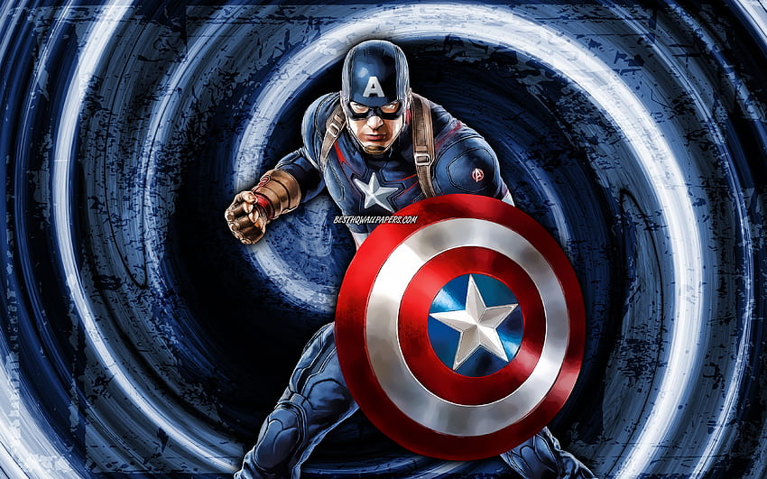 、キャプテン・アメリカ、青いグランジの背景、スーパーヒーロー、マーベル・コミック、スティーブン・ロジャース、渦、キャプテン・アメリカ、漫画のキャプテン・アメリカ 高画質の壁紙