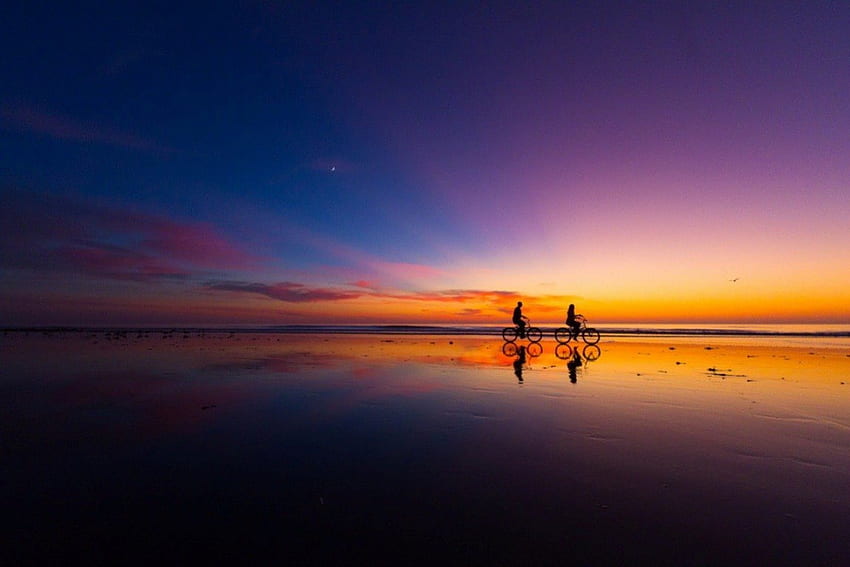 Cykl życia, jazda na rowerze, niebo, zachód słońca, plaża Tapeta HD