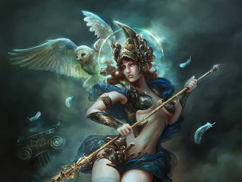 Athena, bufnita, girl, madboni, goddess, mady madnoliet, owl, art, bird, fantasy, pasari HD wallpaper