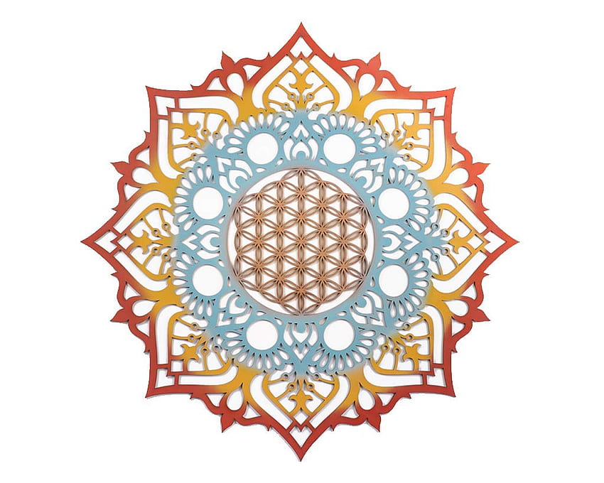 Mandala para colgar en la pared, arte tribal indio, ornamento zen, meditación, decoración de madera hindú, decoración de girasol étnica bohemia, regalo hecho a mano naranja amarillo: hecho a mano fondo de pantalla