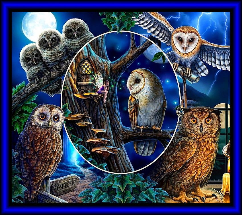 Owls, collage, blue, fantasy, art, bufnita, lisa parker, owl HD wallpaper