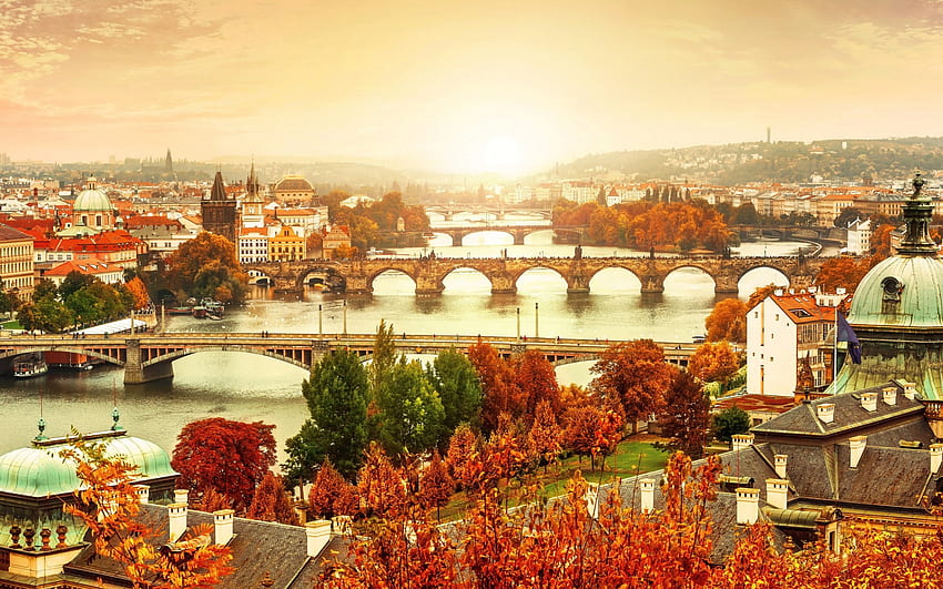 Praga, autunno, fiume Moldava, Ponte Palacký, Ponte Carlo, ponti, panorama della città, Repubblica Ceca per con risoluzione . Alta qualità, Ponte Carlo di Praga Sfondo HD