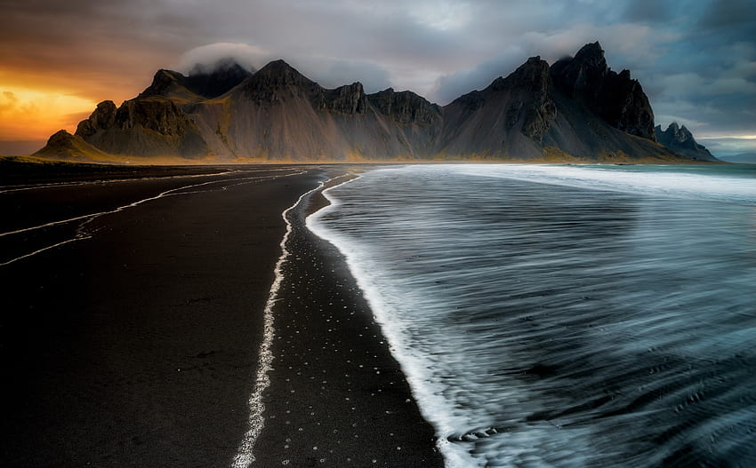 ความมืด ชายหาด คลื่นทะเล ธรรมชาติ ภูเขา วอลล์เปเปอร์ HD