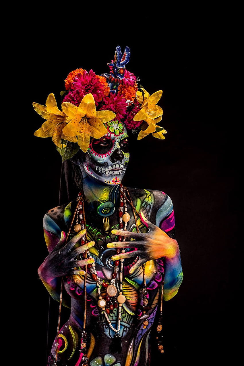 Lisa Roberts w Dia de los muertos. Dzień zmarłych, sztuka kultury meksykańskiej, malowanie ciała Tapeta na telefon HD