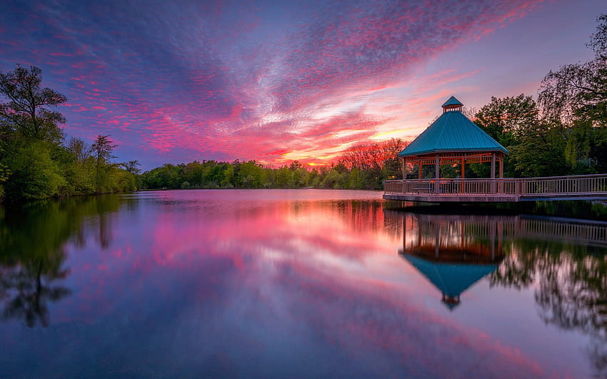 Centennial Park в Милтън, Онтарио, цветове, беседка, небе, вода, Канада, отражения HD тапет