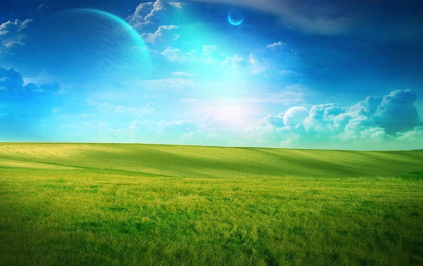 Blauer Himmel-Gras-Feld-Planeten. Grasfeld des blauen Himmels HD-Hintergrundbild