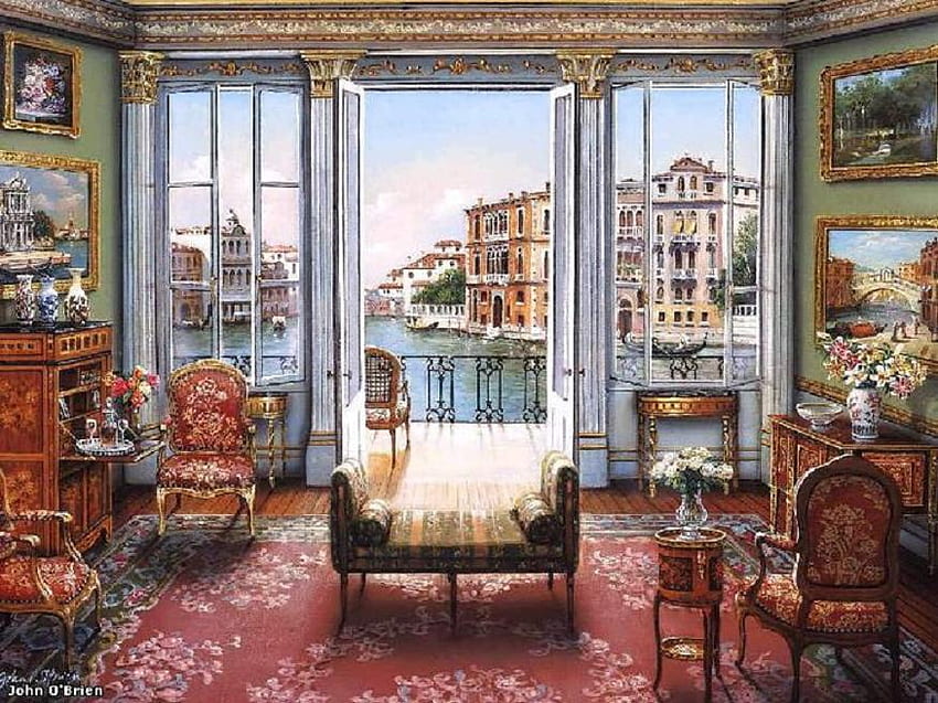 canal view, canal, architecture, room, house, arranged, balcony, french window, outside, scenery, venice, painting, building, view, water, inside view HD wallpaper