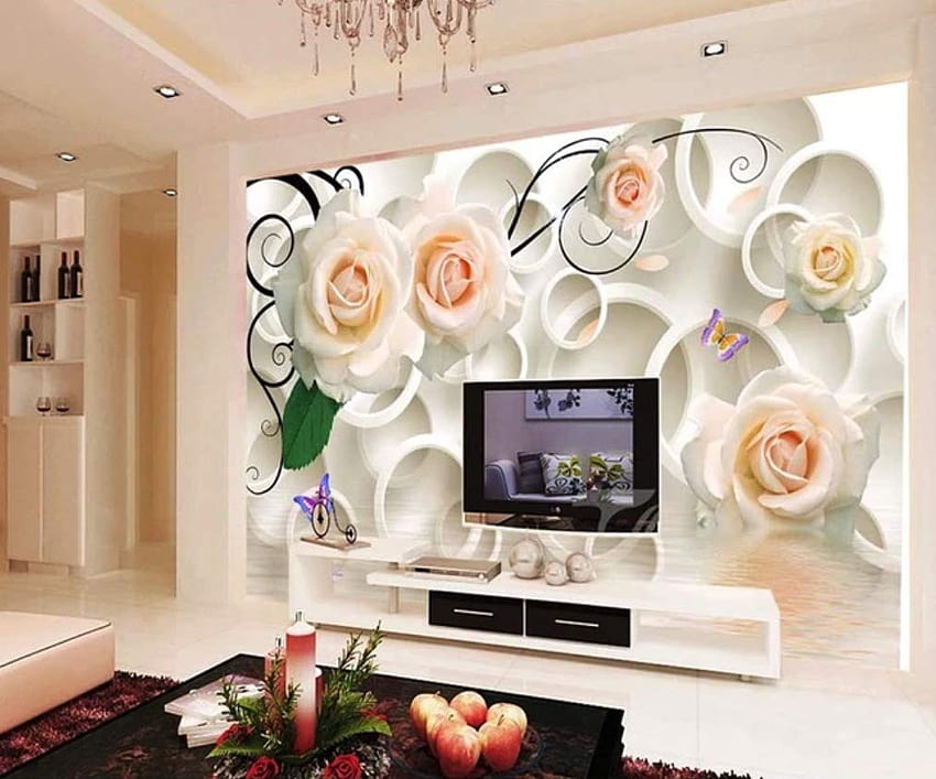 Muraviewall 3D Circle Luxury White Rose Flower Soft Package Stereo TV  Background Hotel Living Room Tv