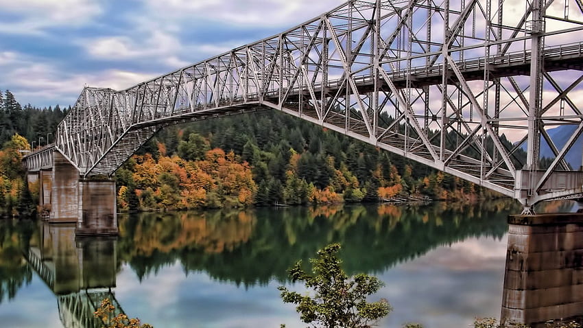 amazin steel bridge in nature, river, bridge, autumn, still, forest, steel HD wallpaper