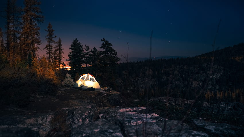 Bäume, Nacht, Dunkel, Sternenhimmel, Zelt, Camping, Campingplatz HD-Hintergrundbild