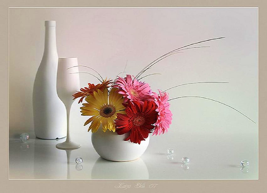 Bottle glass and blooms, pink, yellow, white bottle, red, vase, flowers, white wine glass HD wallpaper
