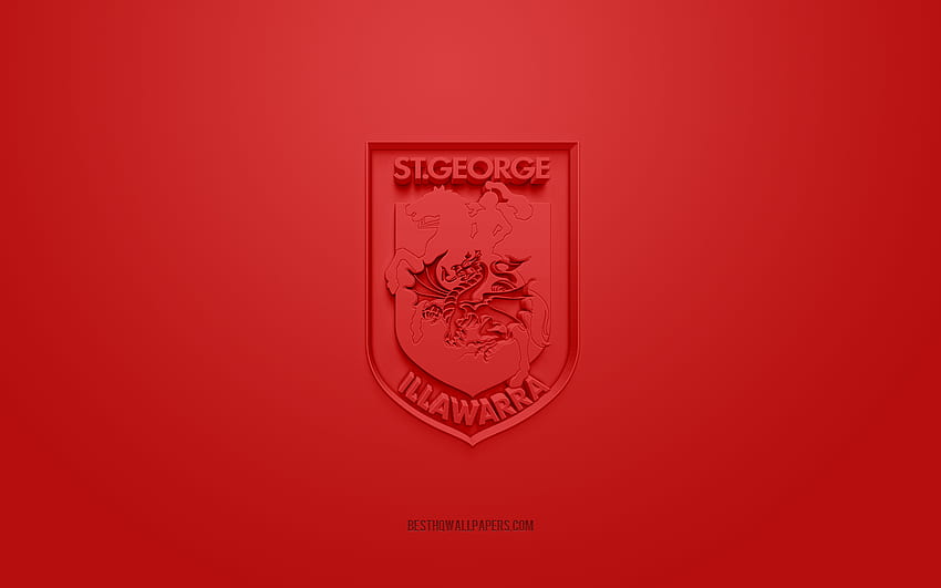 St George Illawarra Dragons, творческо 3D лого, червен фон, Национална ръгби лига, 3d емблема, NRL, Австралийска ръгби лига, Нов Южен Уелс, Австралия, 3d изкуство, ръгби, St George Illawarra Dragons 3d лого HD тапет