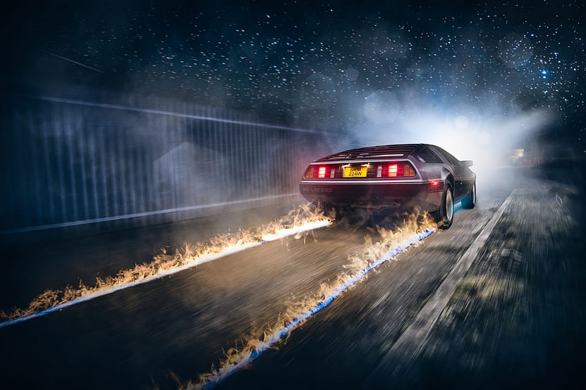 night, car, vehicle, fire, Back to the Future, DeLorean, time travel, driving, screenshot, computer . Mocah HD wallpaper