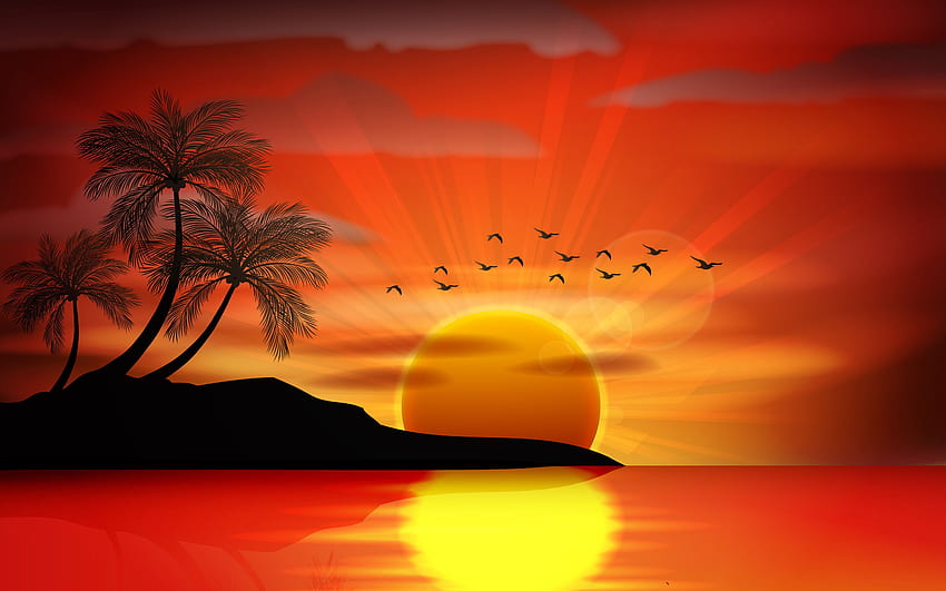Zachód Słońca Morski Raj Tropikalna Wyspa Palmy Sylwetka Ptaki Morze, Tropikalny Wschód Słońca Tapeta HD