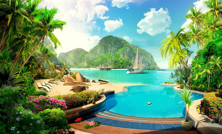 Endroit pour se détendre, mer, palmiers, endroit, exotique, baie, paradis, beau, se détendre, voilier, plage, été, du repos, brise, ciel Fond d'écran HD