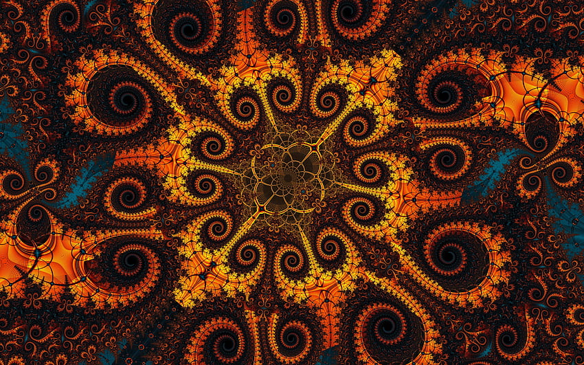 fractais pretos laranja, ornamentos fractais, flores fractais, fundo ornamento floral, fundo fractais papel de parede HD