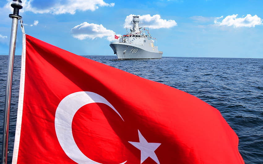 TCG ブルガザダ、F-513、トルコ国旗、トルコ コルベット、エイダ級コルベット、トルコ国旗、F513、NATO 船、軍艦 高画質の壁紙