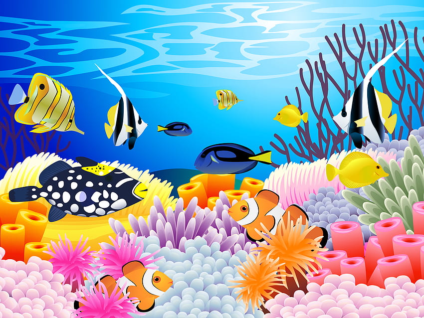 いくつかのサンゴとカラフルな海洋生物の海底。 海、漫画の魚 高画質の壁紙