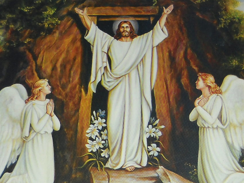 Jezus zmartwychwstał, drzwi, Wielkanoc, Jezus, grób, kwiaty, anioły Tapeta HD