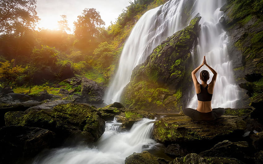 Yoga Girls Nature Waterfalls HD wallpaper