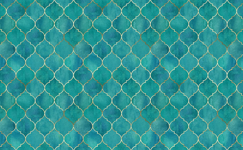 Petit imprimé bleu sarcelle et aquarelle verte avec motif marocain doré vintage pour murs, rétro vert Fond d'écran HD
