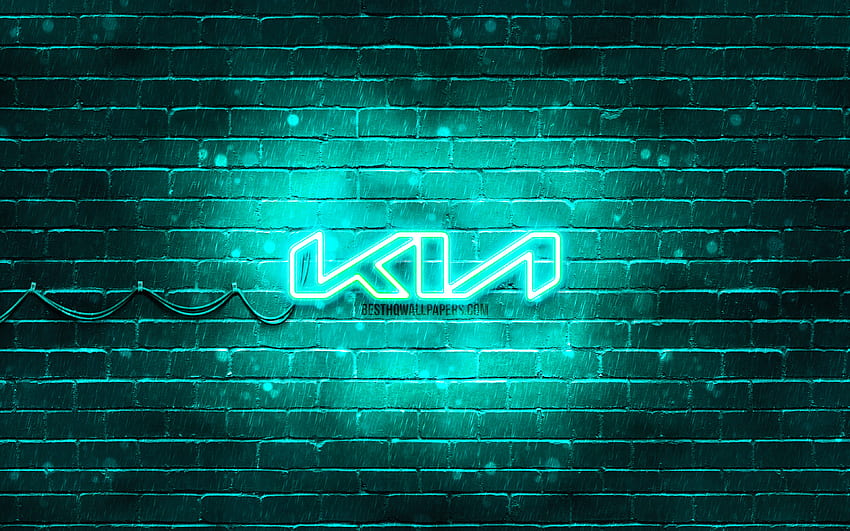 KIA turquoise logo, turquoise brickwall, , KIA new logo, cars brands, KIA neon logo, KIA 2021 logo, KIA logo, KIA HD wallpaper