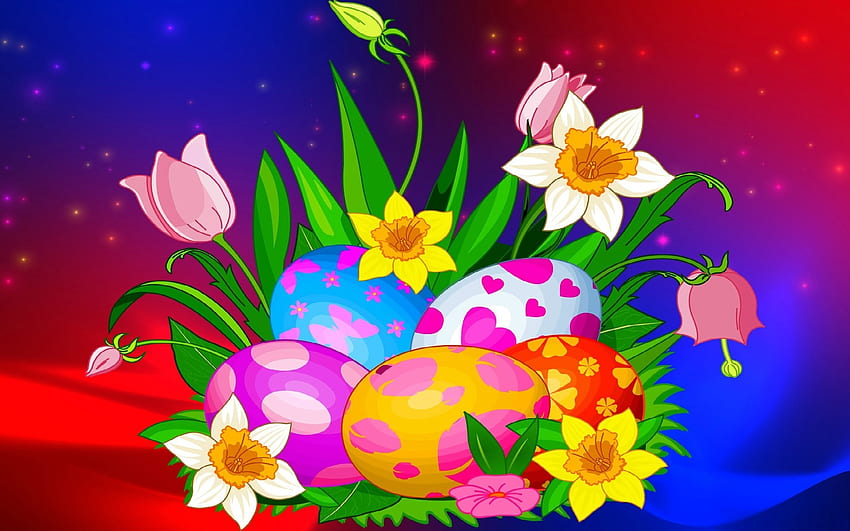 Oeufs de Pâques ~ Fleurs de printemps, Pâques, jonquilles, tulipes, oeufs, papillons, oeufs de Pâques, coeurs, fleurs, printemps Fond d'écran HD