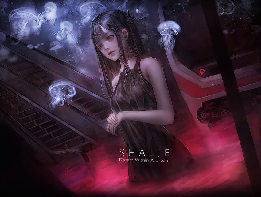 Beautiful anime girl, pale skin, long black hair with a red highlight,  opaque black dress, ruby red eyes, bare feet, spooky dark forest  background, pretty eyelashes