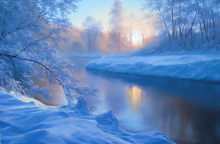 Misty Morning, rio, neve, árvores, sol, nascer do sol papel de parede HD