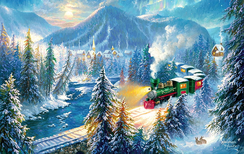Dağ Noel Treni, sanat eseri, buharlı tren, kış, , kar, demiryolları, ağaçlar HD duvar kağıdı