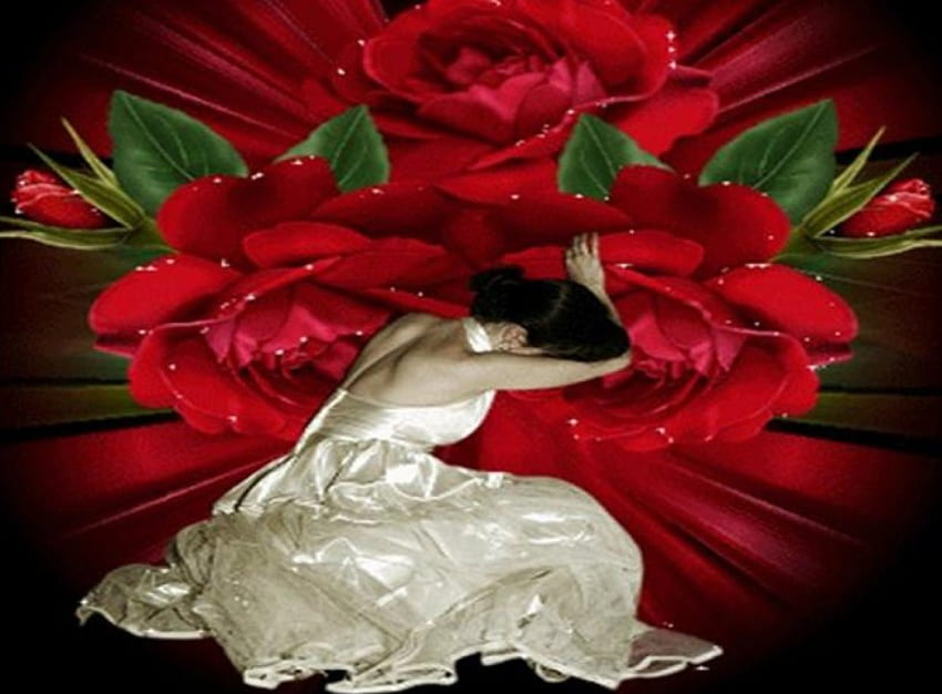 Rose Beauty, cream dress, red roses, lady HD wallpaper