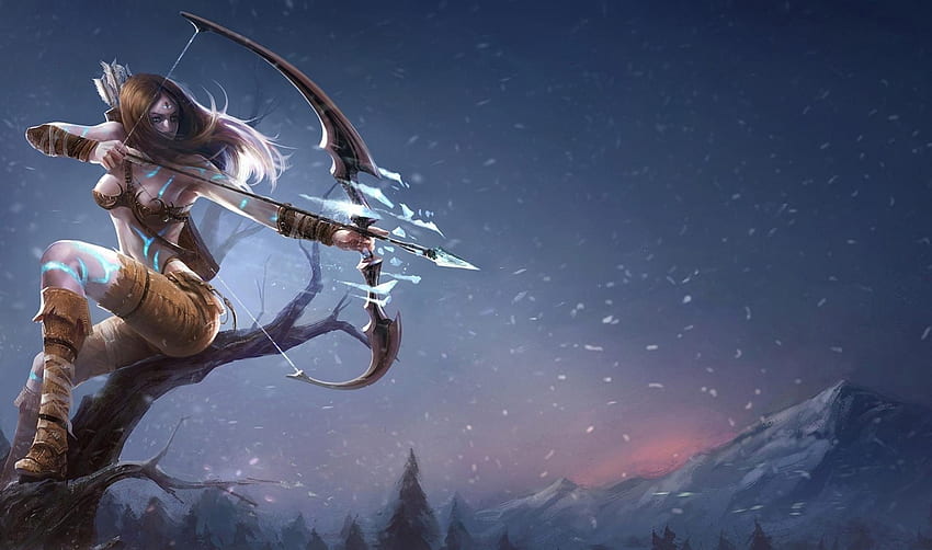 Ashe, games, archer, girl, arrows, snow, weapon, league of legends, video games, mountains, boots, bow, female HD wallpaper