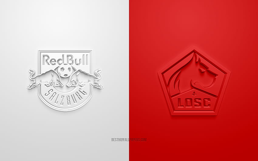 Red Bull Salzburg vs LOSC Lille, 2021, UEFA Champions League, Group G, 3D logos, white red background, Champions League, football match, 2021 Champions League, LOSC Lille, Red Bull Salzburg HD wallpaper